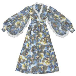 S/M Vtg 70s Fairy Bohemian Hippie Floral Lace Trimmed Bishop Sleeve Maxi Dress